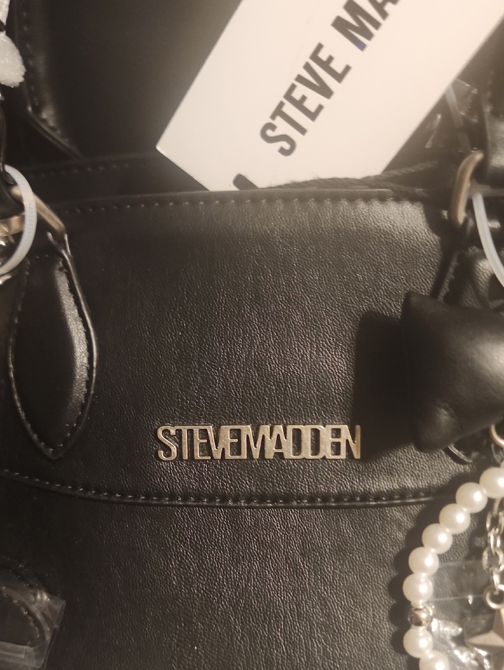 Steve Madden Black Satchel with Pearl Dangle and Bow Charm - Picture 5 of 9